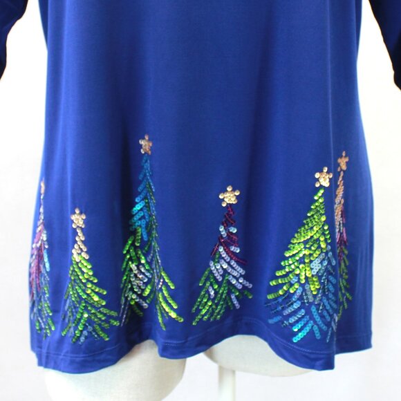 Quacker Factory Plus Blue Sequin Christmas Tree Top Shirt Tunic 2X - Picture 4 of 7